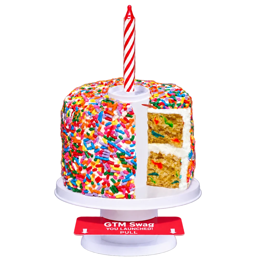 Rainbow Confetti Cake, shown with example personalization