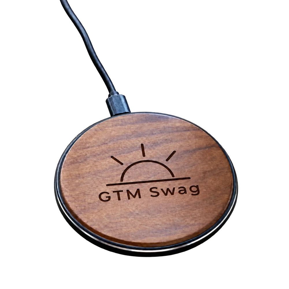 Engraved Walnut Wireless Charger, shown with example personalization