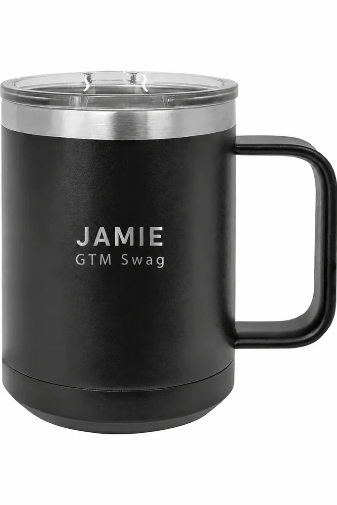 Insulated Coffee Mug · 15 oz, shown with example personalization
