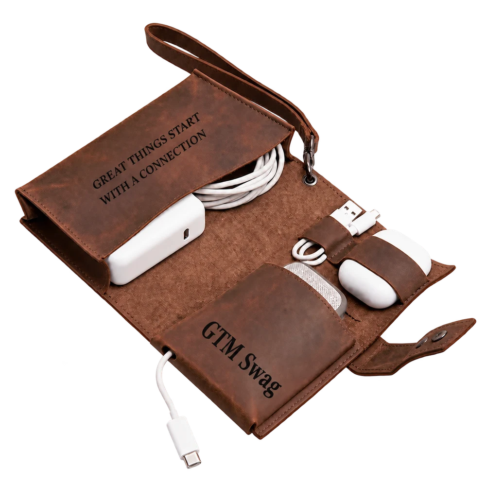 Personalized Leather Cable Organizer, shown with example personalization